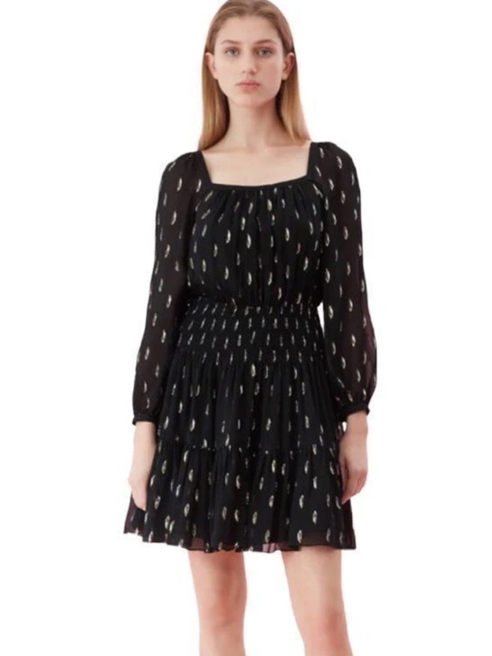 NWOT Rebecca Taylor Women’s Black Silk And Gold Metallic Smocked Dress, Size 2